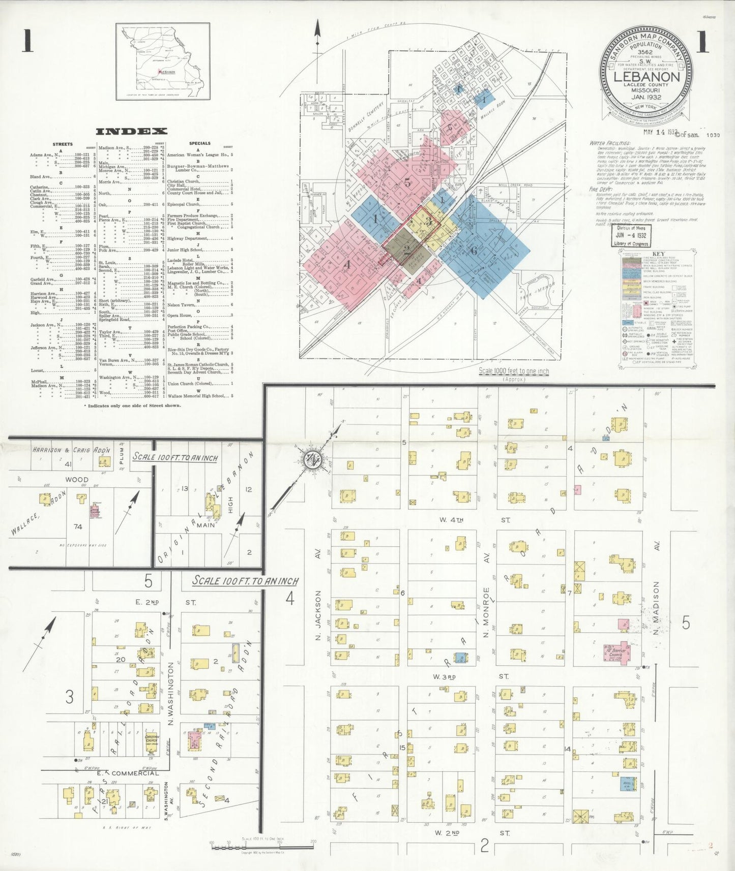 Sanborn Fire Insurance Map from Lebanon, Laclede County, Missouri (1932), Sheet #0001 - Historic Sanborn Fire Insurance Map Print, vintage old map wall art, antique decor, genealogy gift, Missouri Missouri map