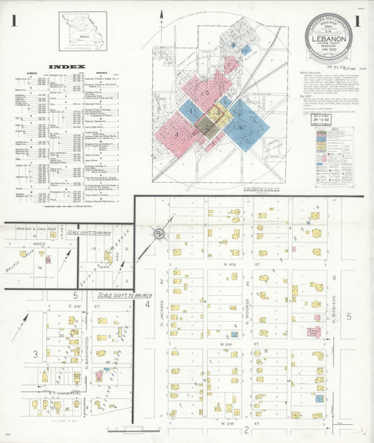 Sanborn Fire Insurance Map from Lebanon, Laclede County, Missouri (1932), Sheet #0001 - Historic Sanborn Fire Insurance Map Print, vintage old map wall art, antique decor, genealogy gift, Missouri Missouri map
