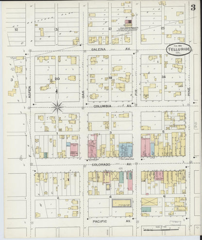 Sanborn Fire Insurance Map from Telluride, San Miguel County, Colorado (1893), Sheet #0003 - Complete Map Set gallery image, historic Sanborn map, vintage wall art, Colorado Colorado