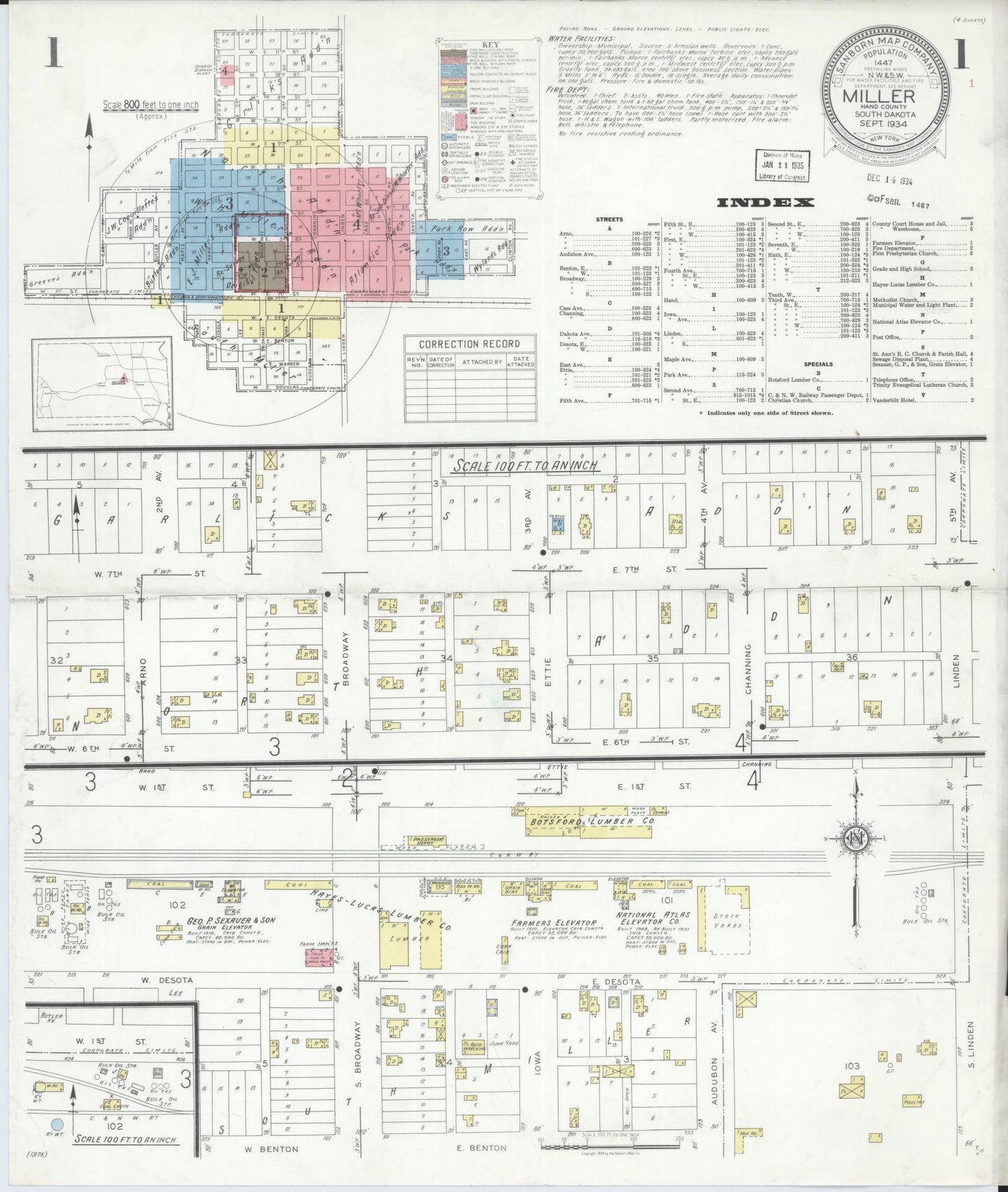 Sanborn Fire Insurance Map from Miller, Hand County, South Dakota (1934), Sheet #0001 - Historic Sanborn Fire Insurance Map Print, vintage old map wall art, antique decor, genealogy gift, South Dakota South Dakota map