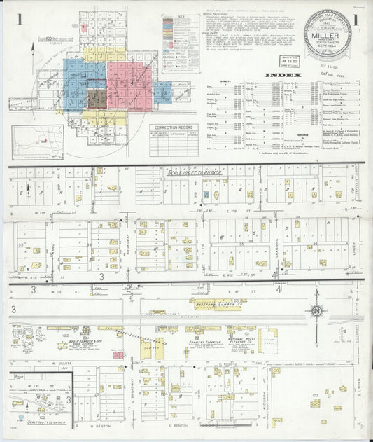 Sanborn Fire Insurance Map from Miller, Hand County, South Dakota (1934), Sheet #0001 - Historic Sanborn Fire Insurance Map Print, vintage old map wall art, antique decor, genealogy gift, South Dakota South Dakota map