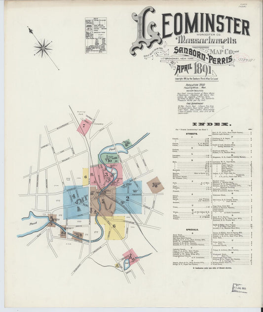 Sanborn Fire Insurance Map from Leominster, Worcester County, Massachusetts (1891), Sheet #0001 - Complete Map Set gallery image, historic Sanborn map, vintage wall art, Massachusetts Massachusetts