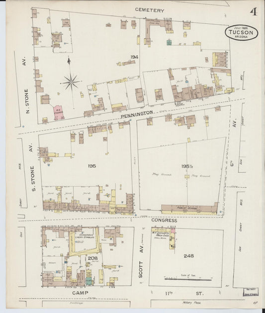 Sanborn Fire Insurance Map from Tucson, Pima County, Arizona (1886), Sheet #0004 - Historic Sanborn Fire Insurance Map Print, vintage old map wall art, antique decor, genealogy gift, Arizona Arizona map