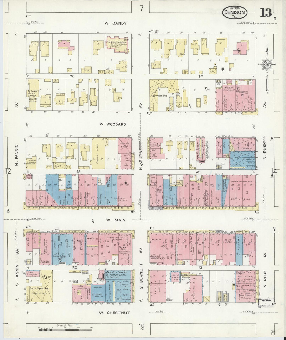 Sanborn Fire Insurance Map from Denison, Grayson County, Texas (1914), Sheet #0013 - Complete Map Set gallery image, historic Sanborn map, vintage wall art, Texas Texas