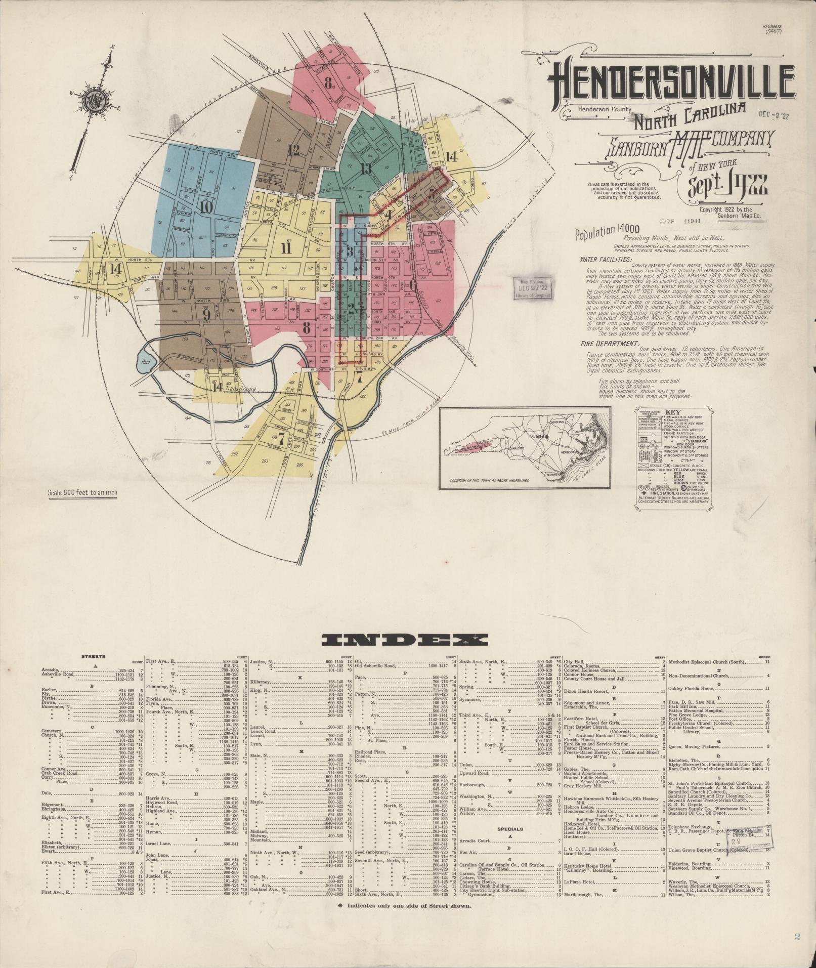 Sanborn Fire Insurance Map from Hendersonville, Henderson County, North Carolina (1922), Sheet #0001 - Historic Sanborn Fire Insurance Map Print, vintage old map wall art, antique decor, genealogy gift, North Carolina North Carolina map