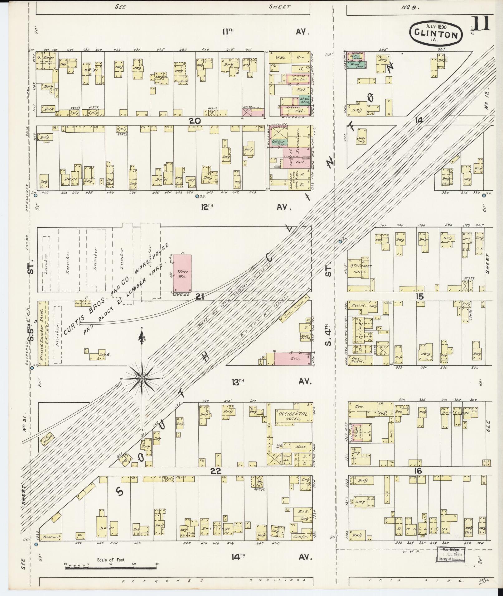 Sanborn Fire Insurance Map from Clinton, Clinton County, Iowa (1890), Sheet #0011 - Historic Sanborn Fire Insurance Map Print, vintage old map wall art