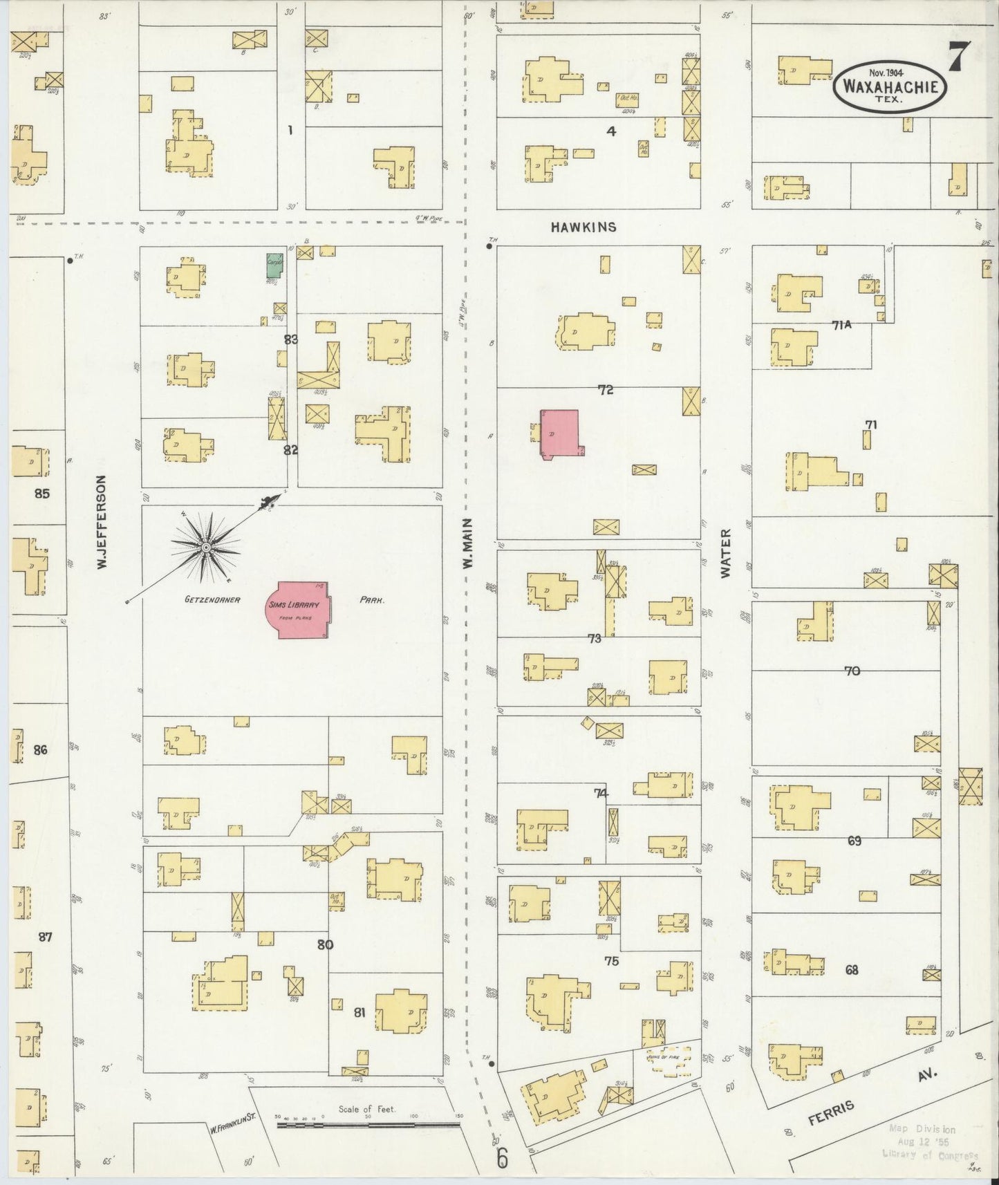 Sanborn Fire Insurance Map from Waxahachie, Ellis County, Texas (1904), Sheet #0007 - Complete Map Set gallery image, historic Sanborn map, vintage wall art, Texas Texas