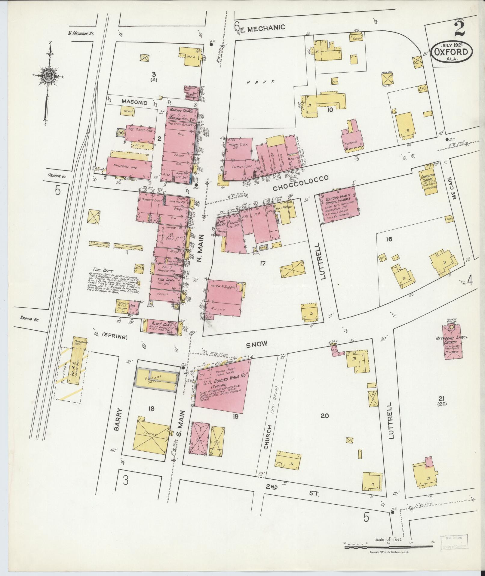 Sanborn Fire Insurance Map from Oxford, Calhoun County, Alabama (1921), Sheet #0002 - Historic Sanborn Fire Insurance Map Print, vintage old map wall art, antique decor, genealogy gift, Alabama Alabama map