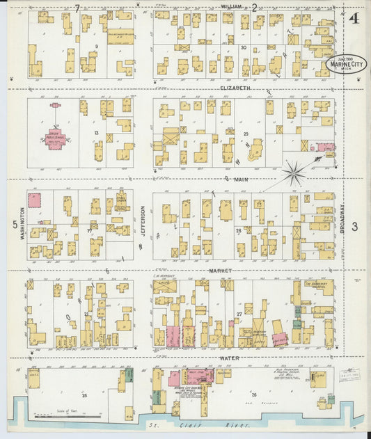 Sanborn Fire Insurance Map from Marine City, Saint Clair County, Michigan (1900), Sheet #0004 - Historic Sanborn Fire Insurance Map Print, vintage old map wall art, antique decor, genealogy gift, Michigan Michigan map