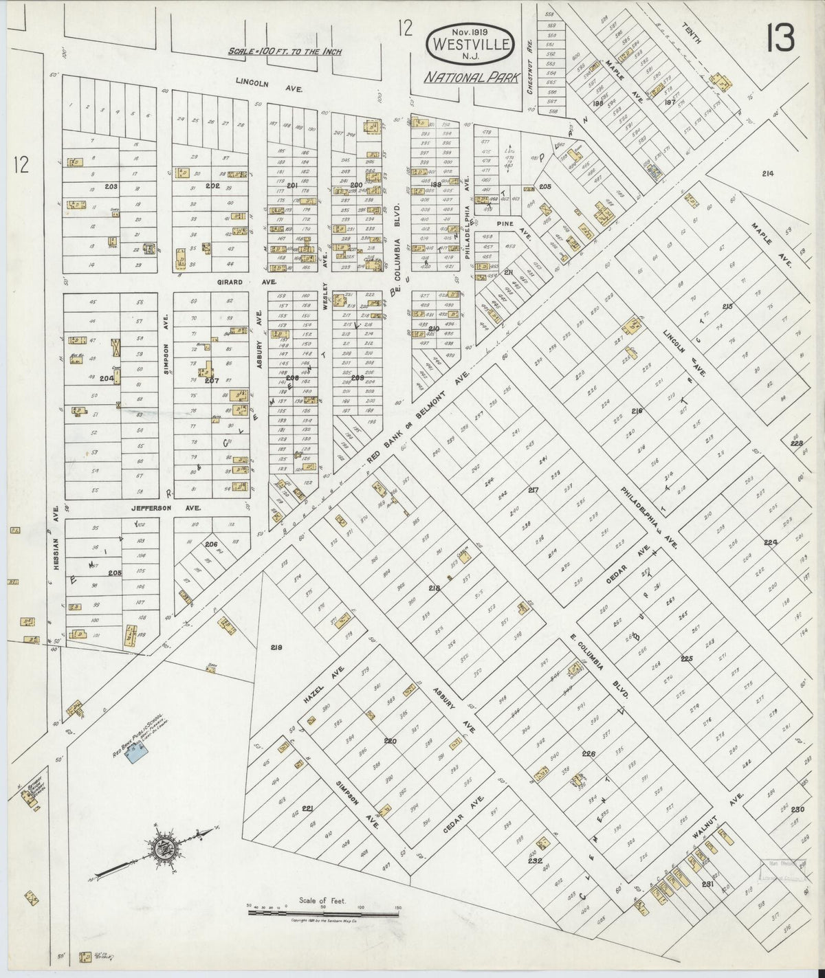 Sanborn Fire Insurance Map from Westville, Gloucester County, New Jersey (1919), Sheet #0013 - Complete Map Set gallery image, historic Sanborn map, vintage wall art, New Jersey New Jersey