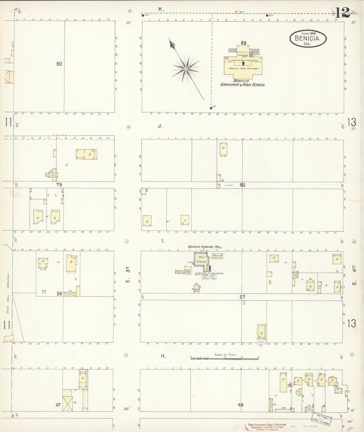 Sanborn Fire Insurance Map from Benicia, Solano County, California (1899), Sheet #0012 - Historic Sanborn Fire Insurance Map Print, vintage old map wall art, antique decor, genealogy gift, California California map