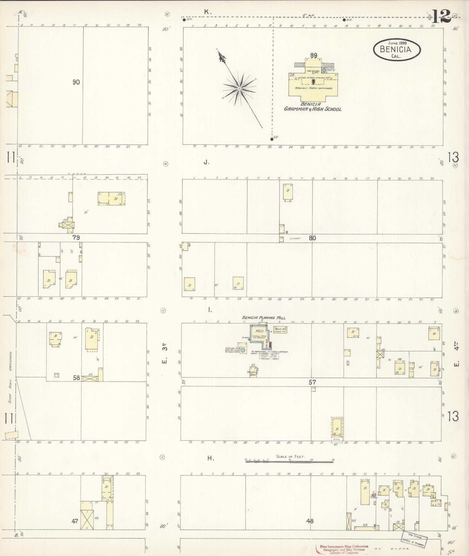 Sanborn Fire Insurance Map from Benicia, Solano County, California (1899), Sheet #0012 - Historic Sanborn Fire Insurance Map Print, vintage old map wall art, antique decor, genealogy gift, California California map