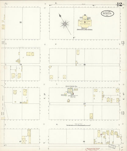 Sanborn Fire Insurance Map from Benicia, Solano County, California (1899), Sheet #0012 - Historic Sanborn Fire Insurance Map Print, vintage old map wall art, antique decor, genealogy gift, California California map