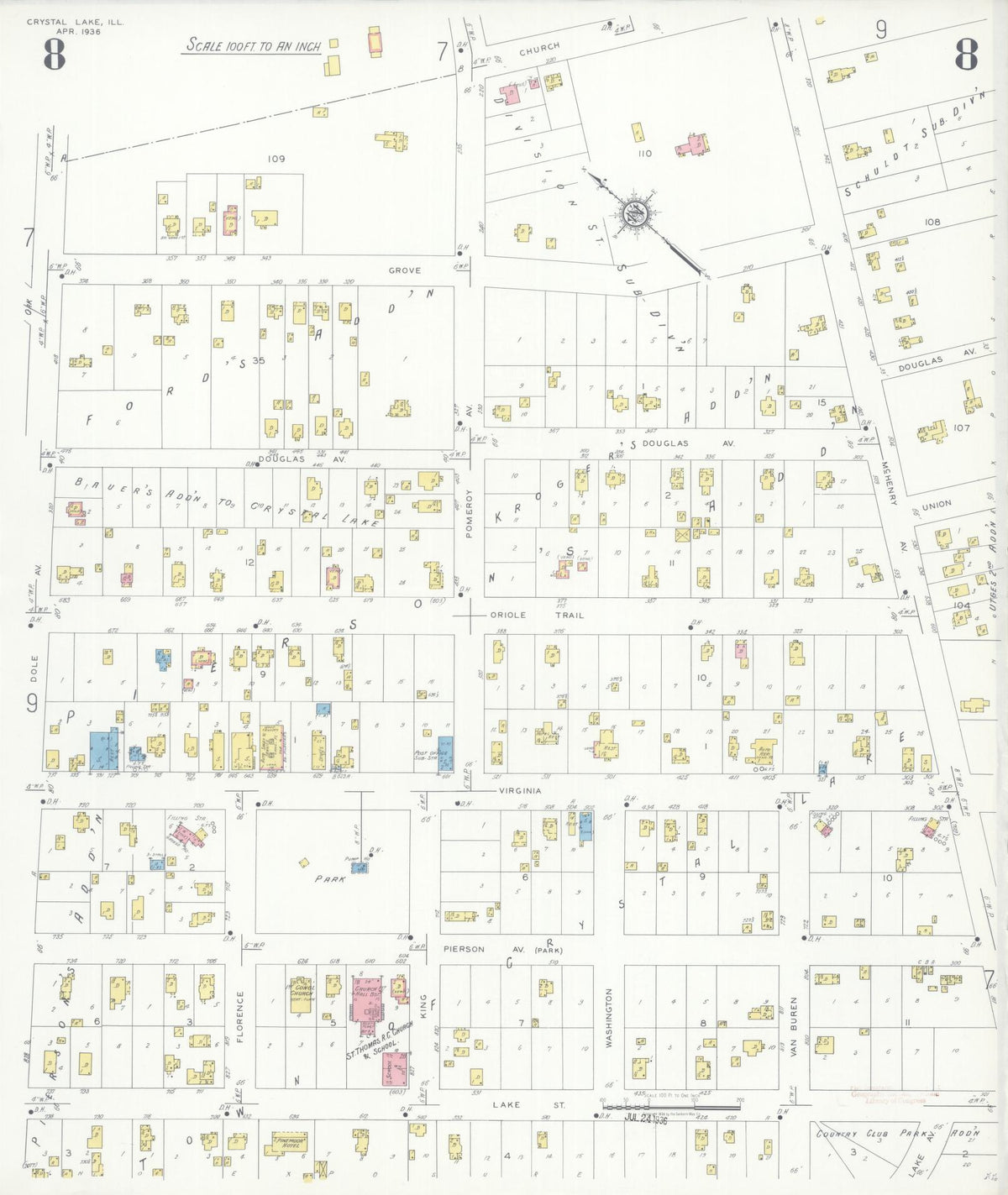 Sanborn Fire Insurance Map from Crystal Lake, McHenry County, Illinois (1936), Sheet #0008 - Complete Map Set gallery image, historic Sanborn map, vintage wall art, Illinois Illinois