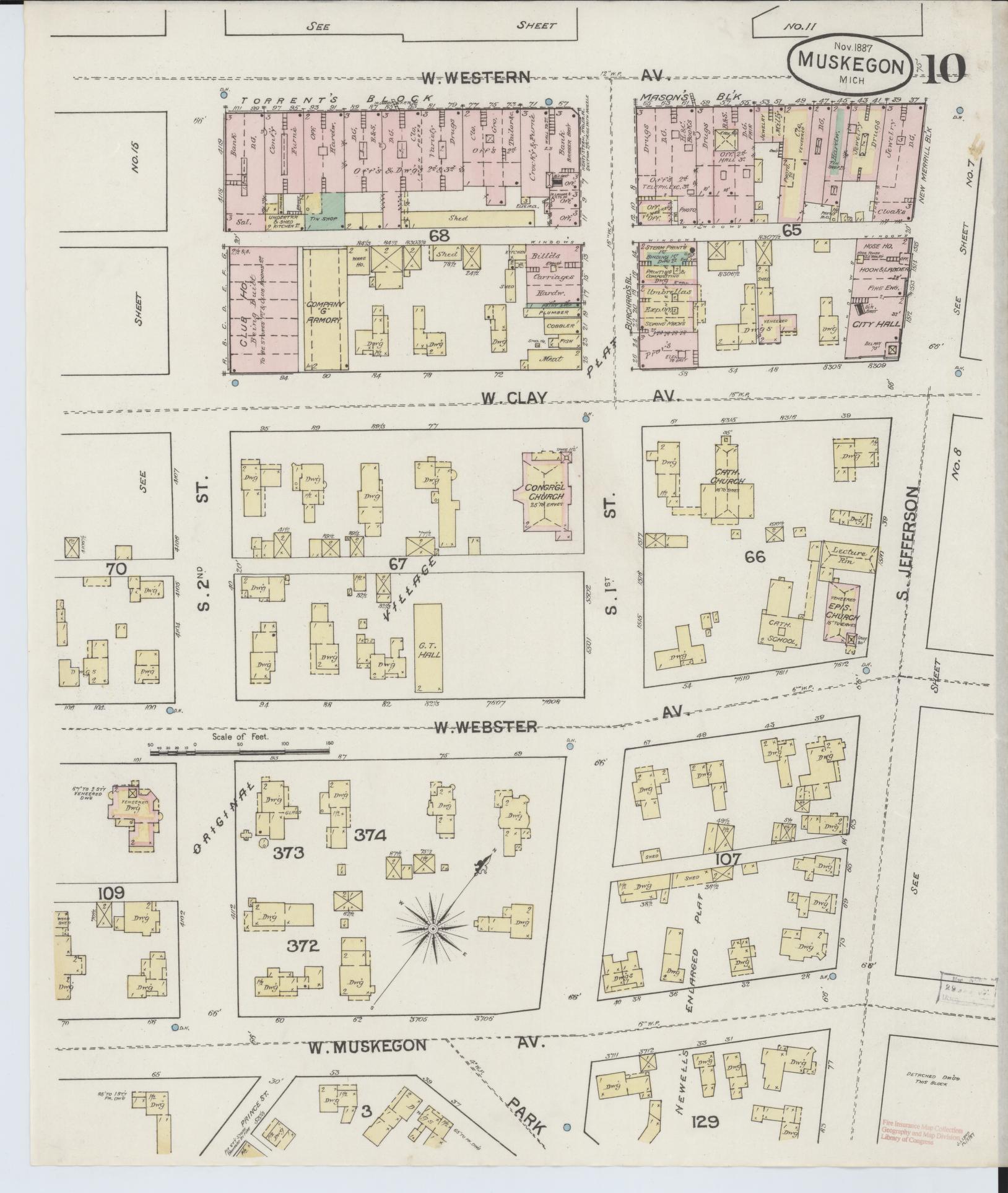 Sanborn Fire Insurance Map from Muskegon, Muskegon County, Michigan (1887), Sheet #0010 - Complete Map Set gallery image, historic Sanborn map, vintage wall art, Michigan Michigan