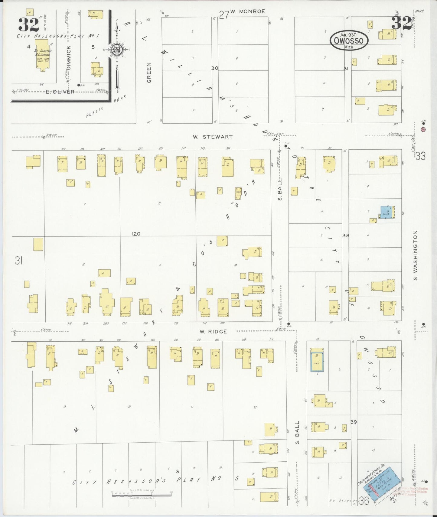 Sanborn Fire Insurance Map from Owosso, Shiawassee County, Michigan (1930), Sheet #0032 - Complete Map Set gallery image, historic Sanborn map, vintage wall art, Michigan Michigan