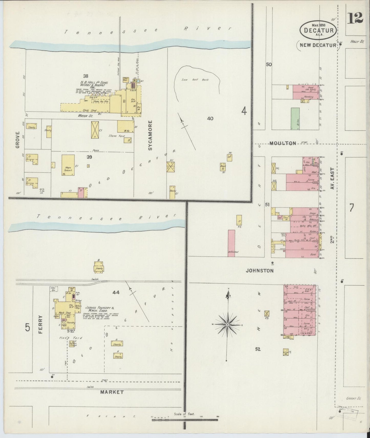 Sanborn Fire Insurance Map from Decatur, Morgan County, Alabama (1898), Sheet #0012 - Historic Sanborn Fire Insurance Map Print, vintage old map wall art, antique decor, genealogy gift, Alabama Alabama map