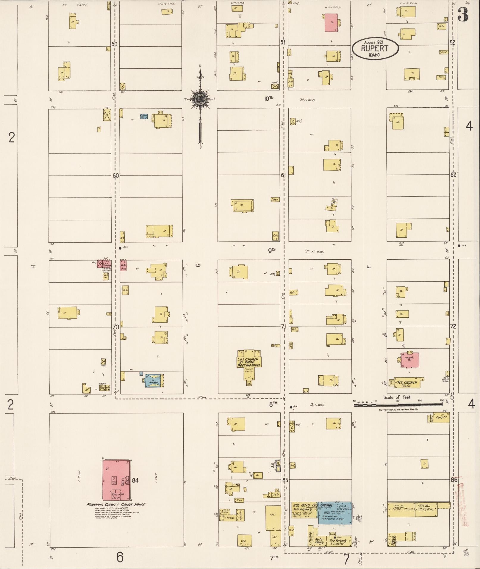 Sanborn Fire Insurance Map from Rupert, Minidoka County, Idaho (1921), Sheet #0003 - Historic Sanborn Fire Insurance Map Print, vintage old map wall art, antique decor, genealogy gift, Idaho Idaho map