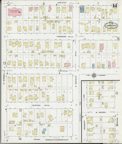 Sanborn Fire Insurance Map from Lawrence, Douglas County, Kansas (1912), Sheet #0014 - Complete Map Set gallery image, historic Sanborn map, vintage wall art, Kansas Kansas