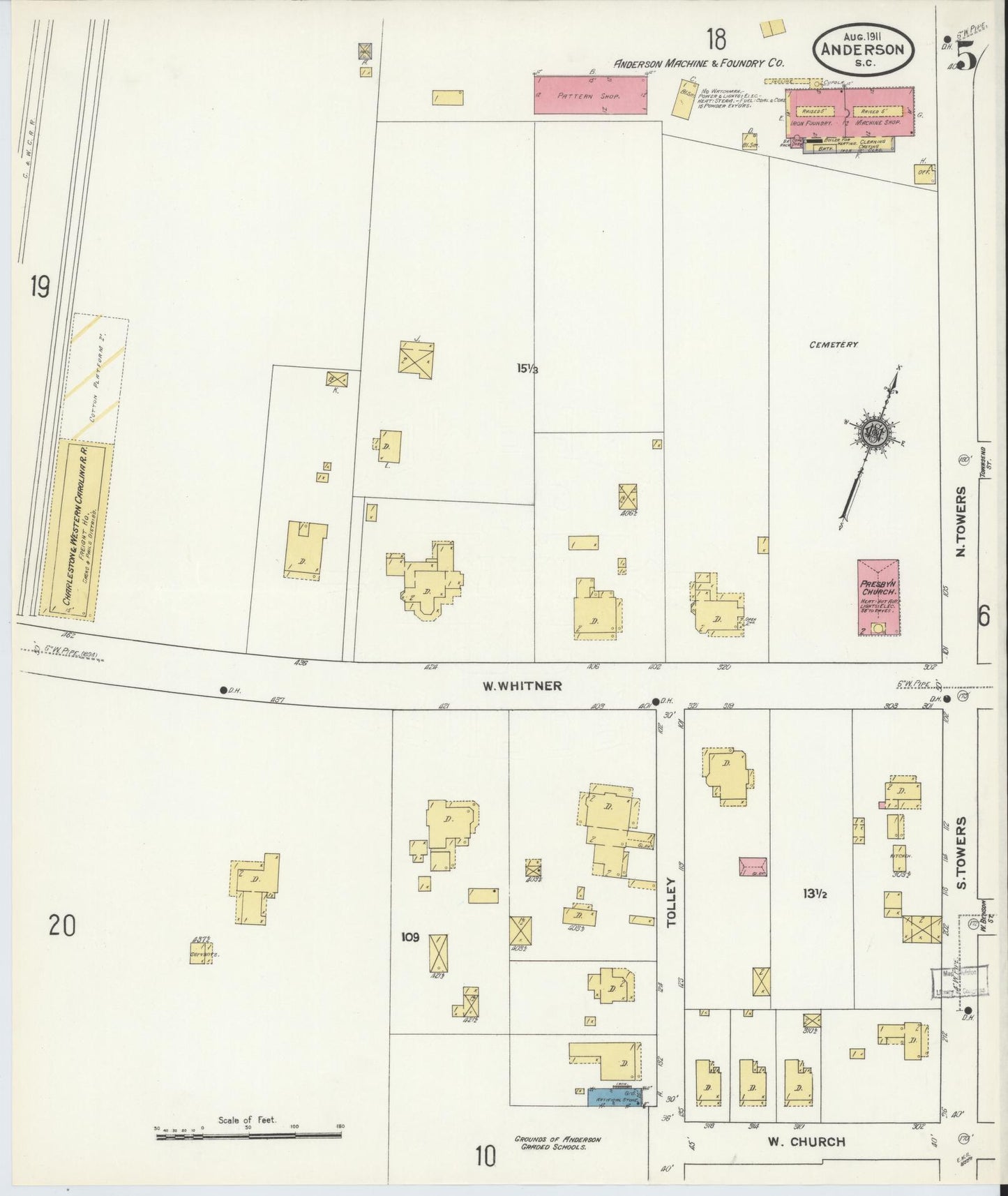 Sanborn Fire Insurance Map from Anderson, Anderson County, South Carolina (1911), Sheet #0005 - Complete Map Set gallery image, historic Sanborn map, vintage wall art, South Carolina South Carolina