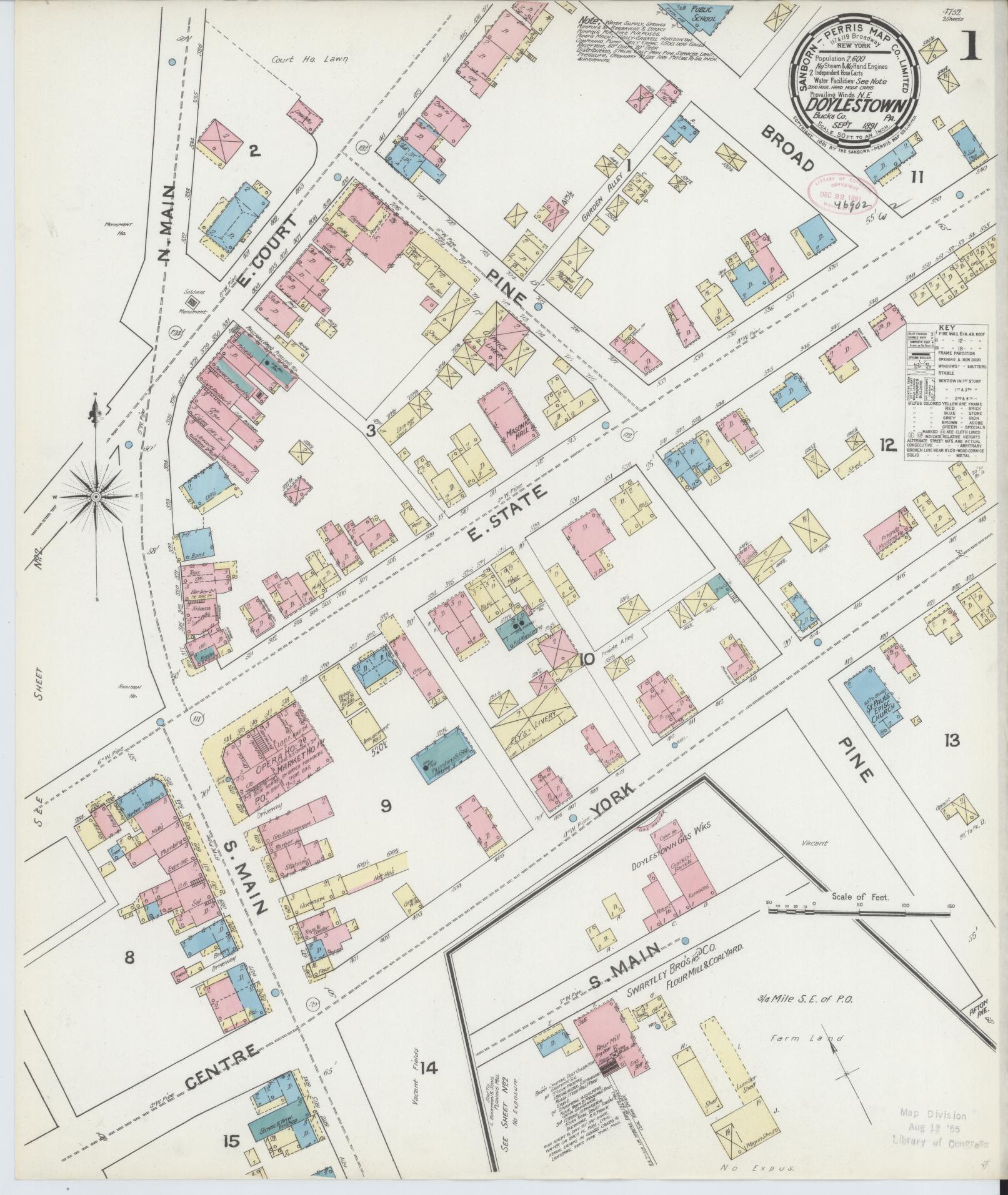 Sanborn Fire Insurance Map from Doylestown, Bucks County, Pennsylvania (1891), Sheet #0001 - Historic Sanborn Fire Insurance Map Print, vintage old map wall art, antique decor, genealogy gift, Pennsylvania Pennsylvania map