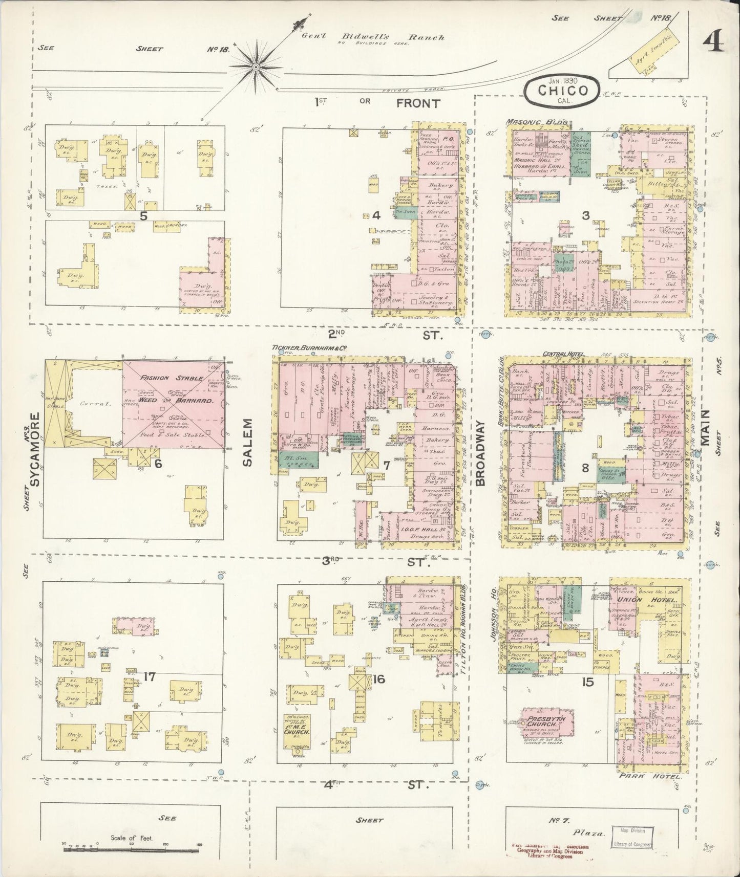 Sanborn Fire Insurance Map from Chico, Butte County, California (1890), Sheet #0004 - Historic Sanborn Fire Insurance Map Print, vintage old map wall art, antique decor, genealogy gift, California California map