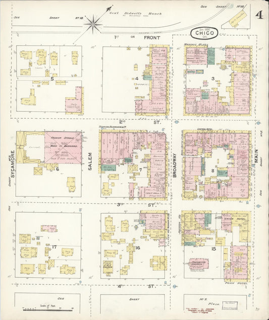 Sanborn Fire Insurance Map from Chico, Butte County, California (1890), Sheet #0004 - Historic Sanborn Fire Insurance Map Print, vintage old map wall art, antique decor, genealogy gift, California California map
