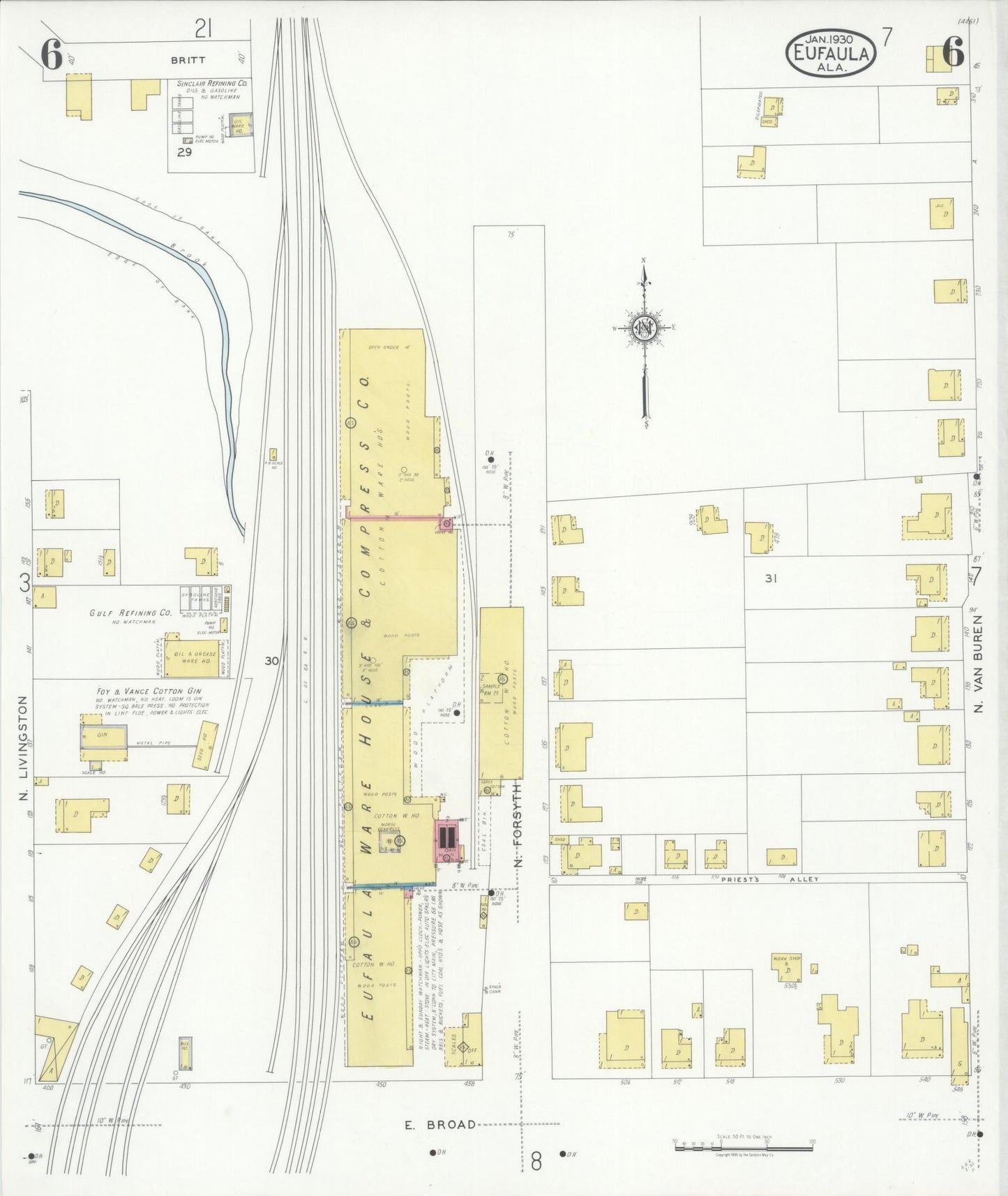 Sanborn Fire Insurance Map from Eufaula, Barbour County, Alabama (1930), Sheet #0006 - Historic Sanborn Fire Insurance Map Print, vintage old map wall art, antique decor, genealogy gift, Alabama Alabama map