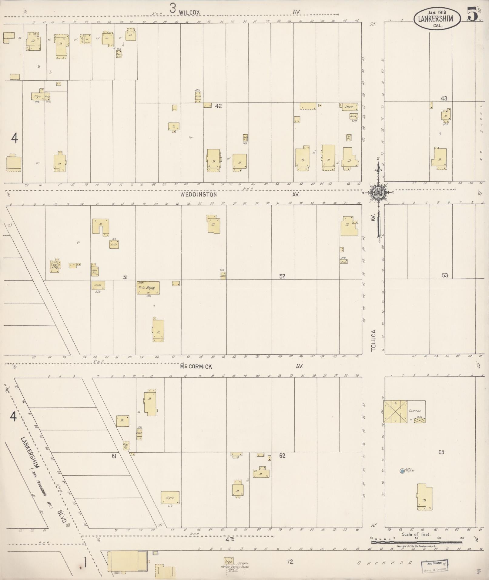 Sanborn Fire Insurance Map from Lankershim, Los Angeles County, California (1919), Sheet #0005 - Historic Sanborn Fire Insurance Map Print, vintage old map wall art, antique decor, genealogy gift, California California map