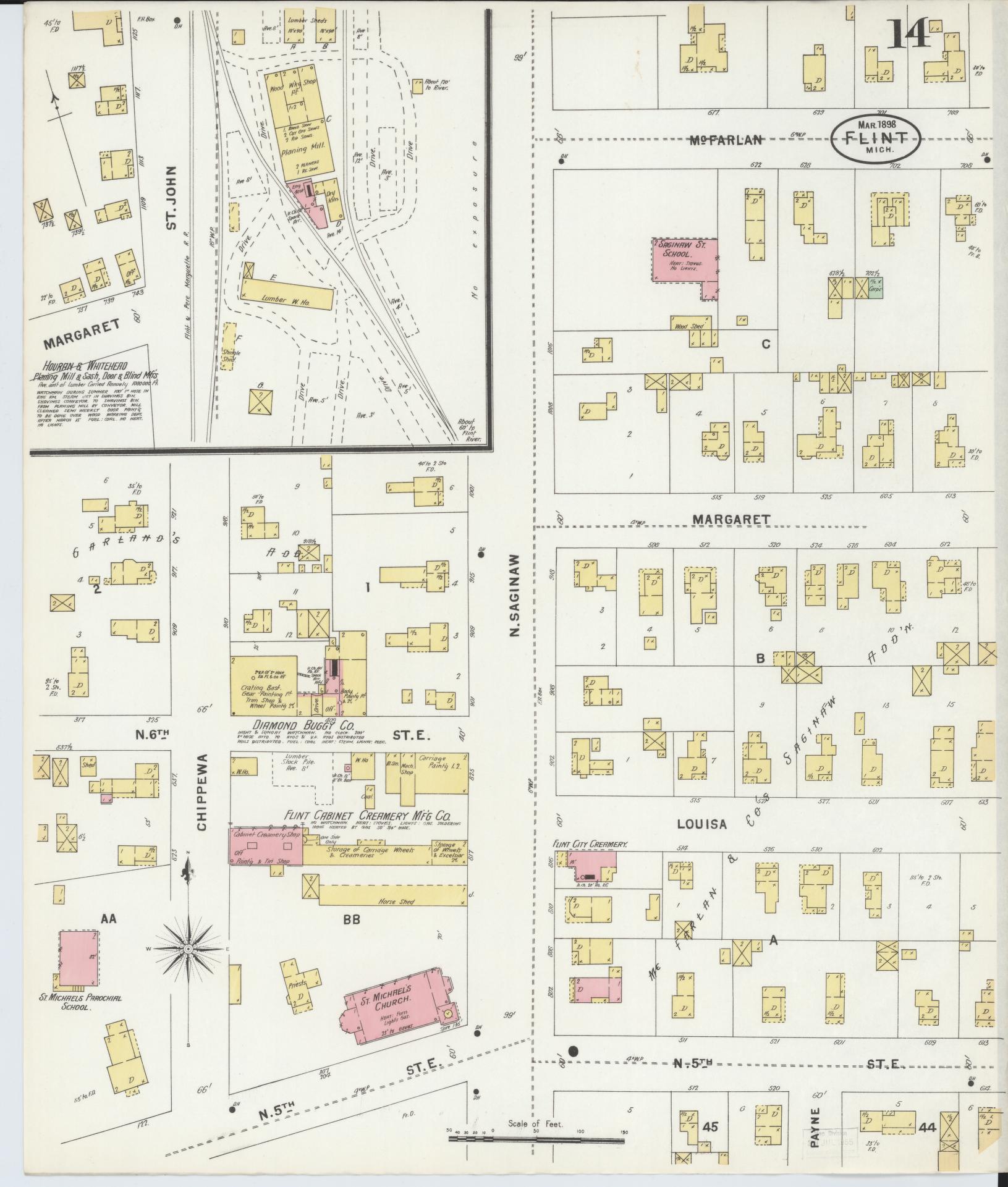 Sanborn Fire Insurance Map from Flint, Genesee County, Michigan (1898), Sheet #0014 - Complete Map Set gallery image, historic Sanborn map, vintage wall art, Michigan Michigan