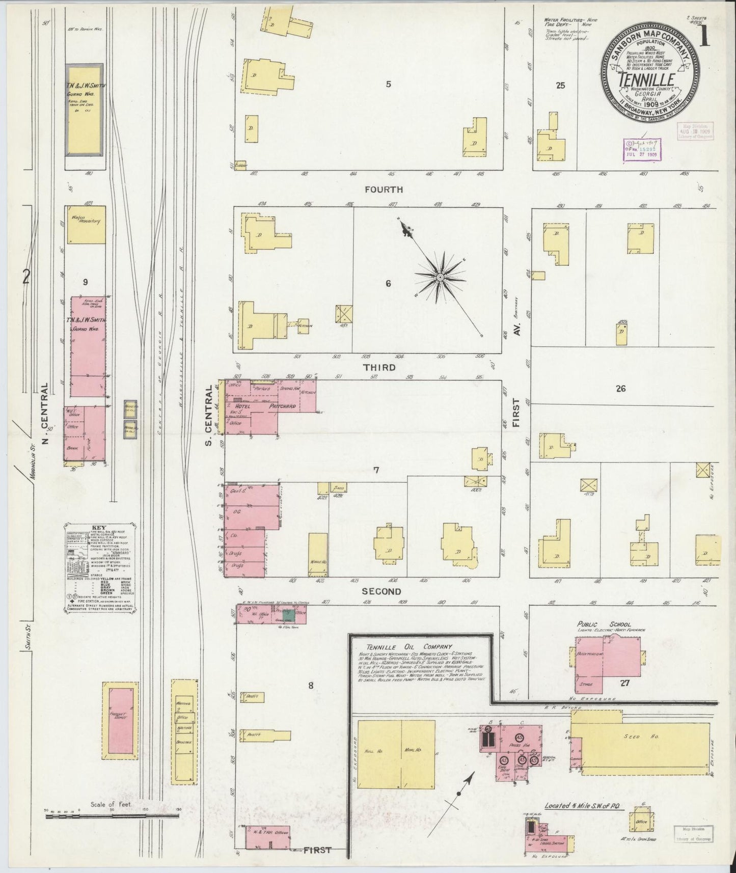 Sanborn Fire Insurance Map from Tennille, Washington County, Georgia (1909), Sheet #0001 - Historic Sanborn Fire Insurance Map Print, vintage old map wall art, antique decor, genealogy gift, Georgia Georgia map