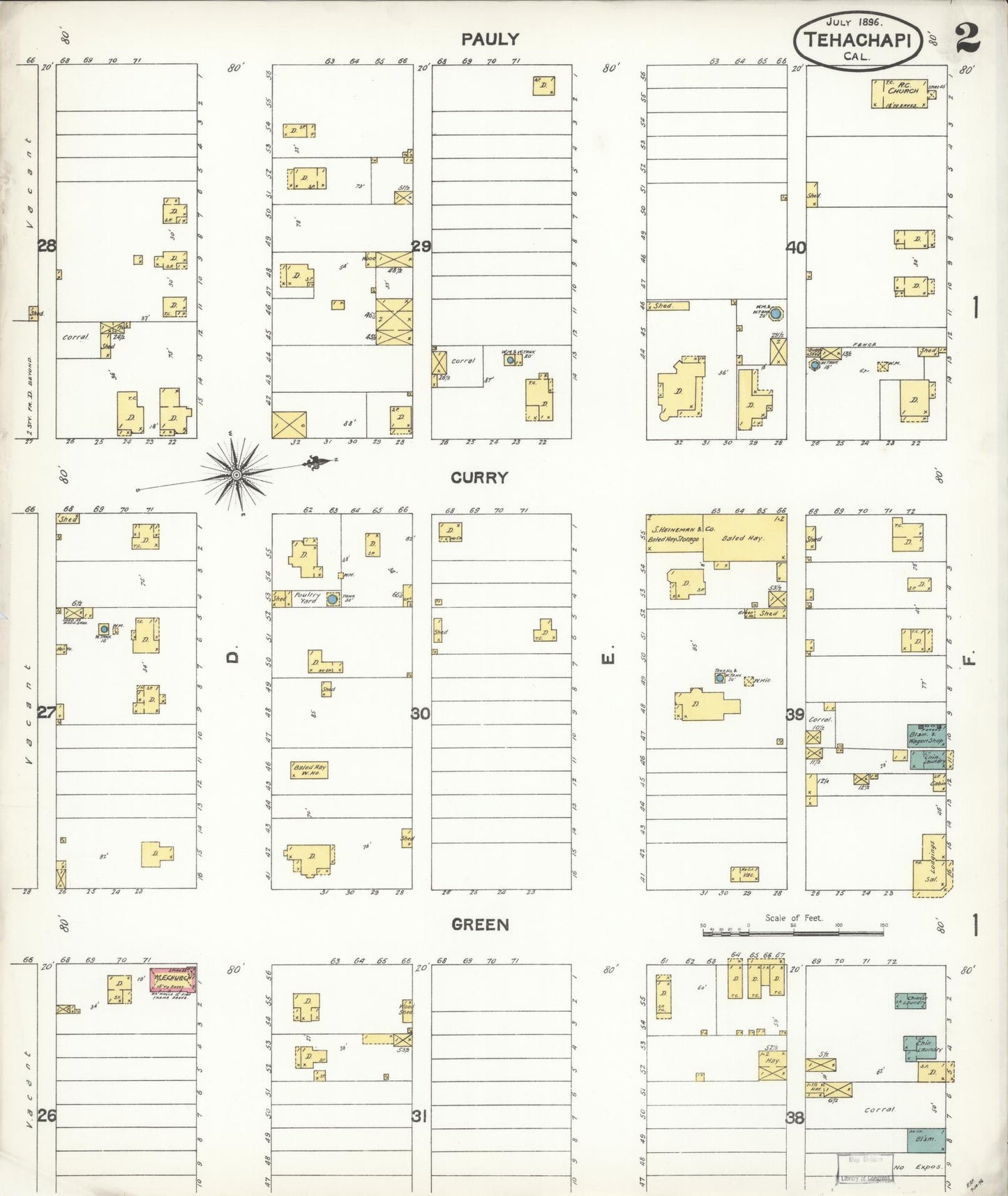 Sanborn Fire Insurance Map from Tehachapi, Kern County, California (1896), Sheet #0002 - Complete Map Set gallery image, historic Sanborn map, vintage wall art, California California