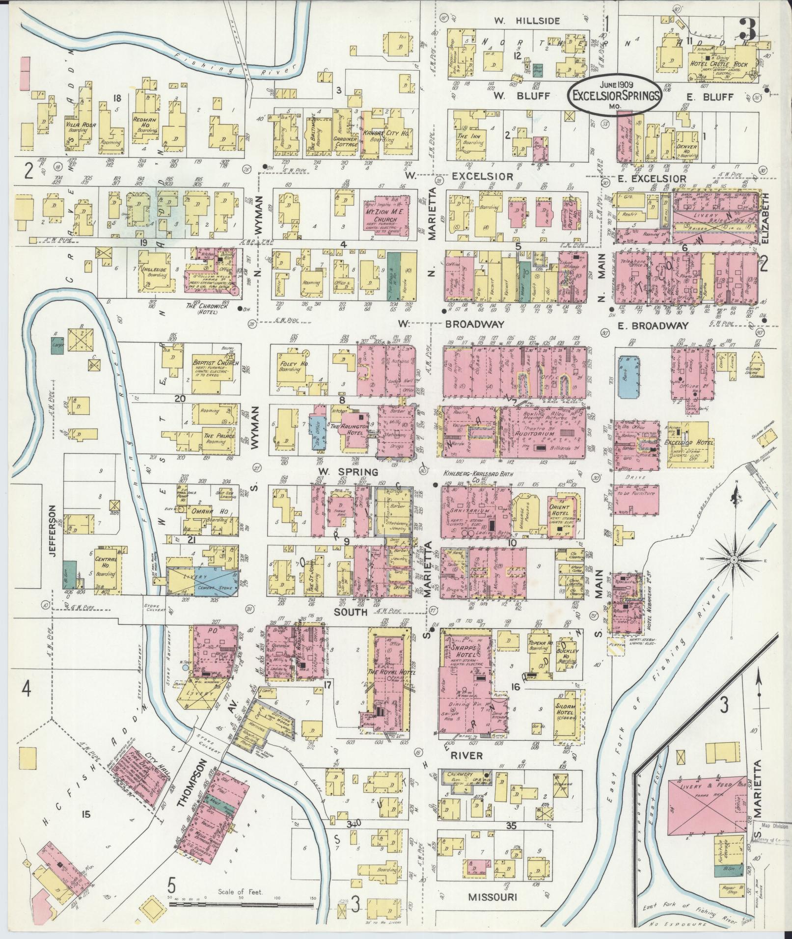 Sanborn Fire Insurance Map from Excelsior Springs, Clay County, Missouri (1909), Sheet #0003 - Complete Map Set gallery image, historic Sanborn map, vintage wall art, Missouri Missouri