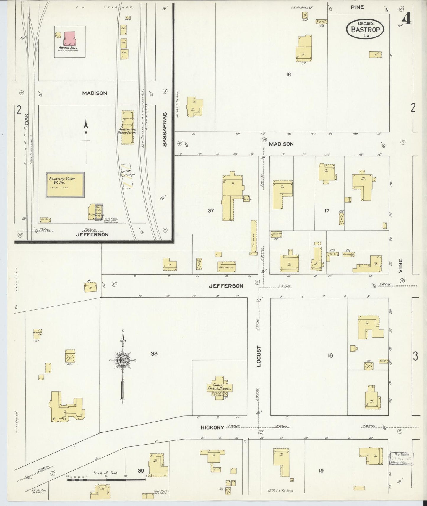 Sanborn Fire Insurance Map from Bastrop, Morehouse Parish, Louisiana (1912), Sheet #0004 - Historic Sanborn Fire Insurance Map Print, vintage old map wall art, antique decor, genealogy gift, Louisiana Louisiana map