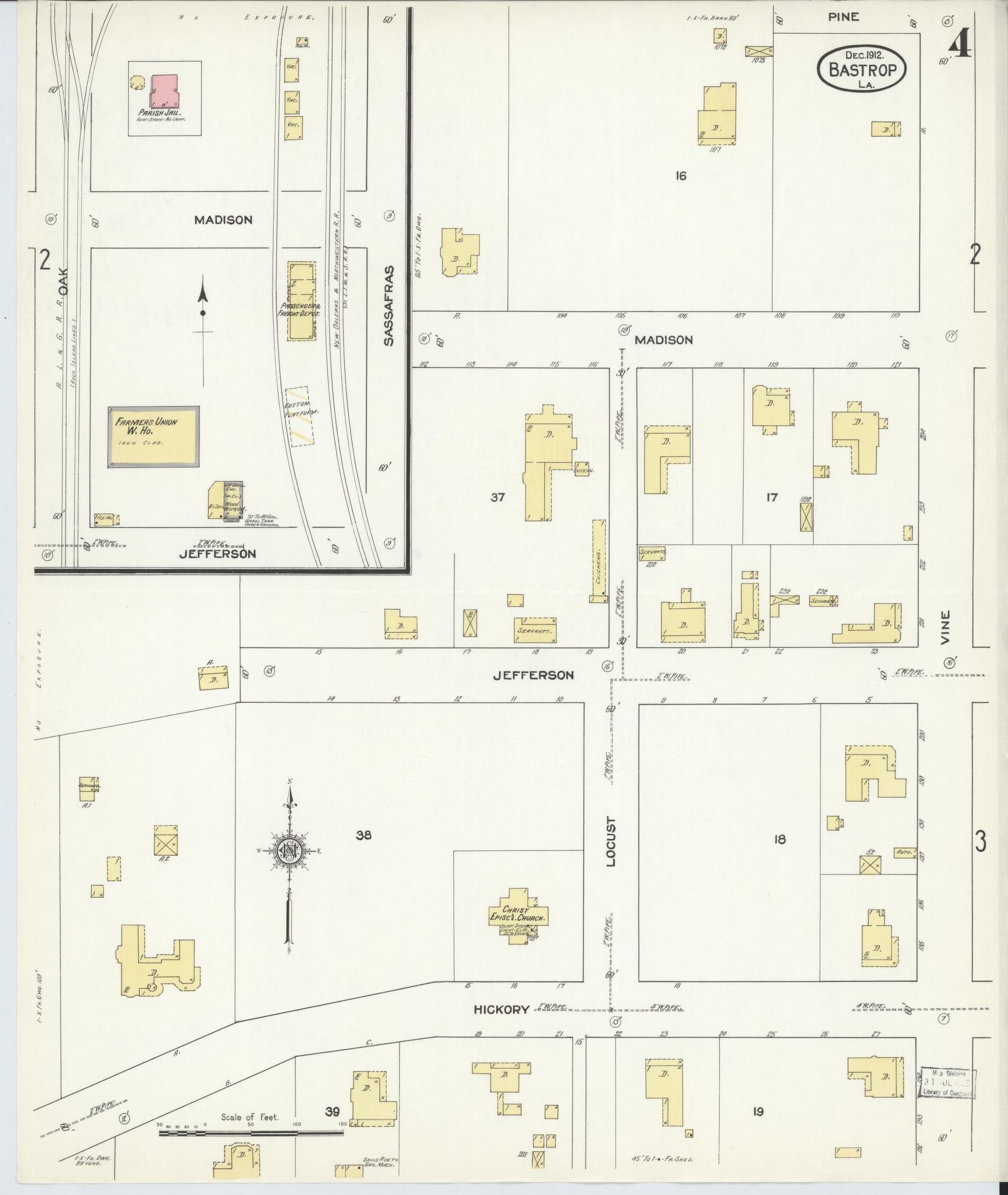 Sanborn Fire Insurance Map from Bastrop, Morehouse Parish, Louisiana (1912), Sheet #0004 - Historic Sanborn Fire Insurance Map Print, vintage old map wall art, antique decor, genealogy gift, Louisiana Louisiana map