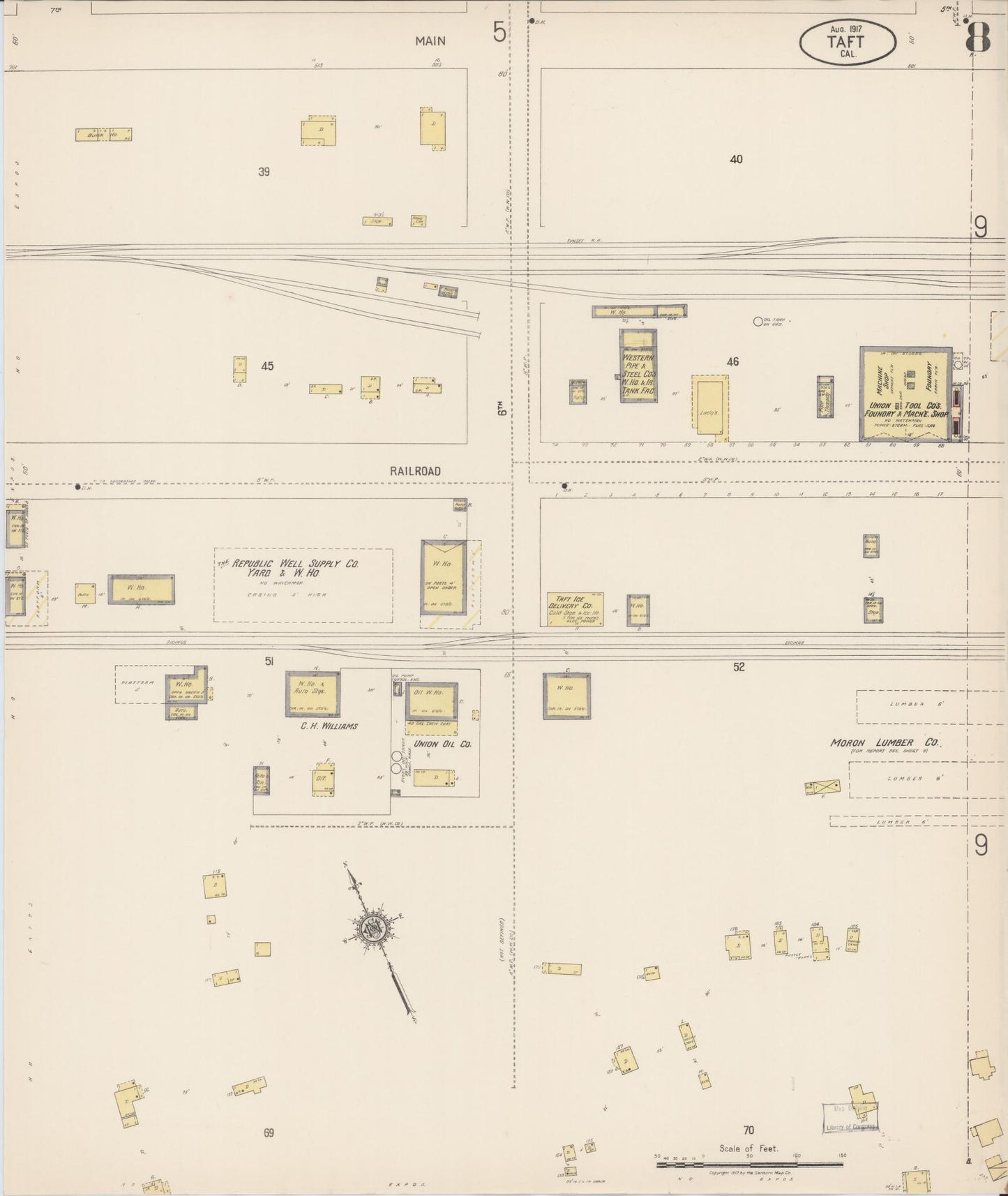 Sanborn Fire Insurance Map from Taft, Kern County, California (1917), Sheet #0008 - Complete Map Set gallery image, historic Sanborn map, vintage wall art, California California