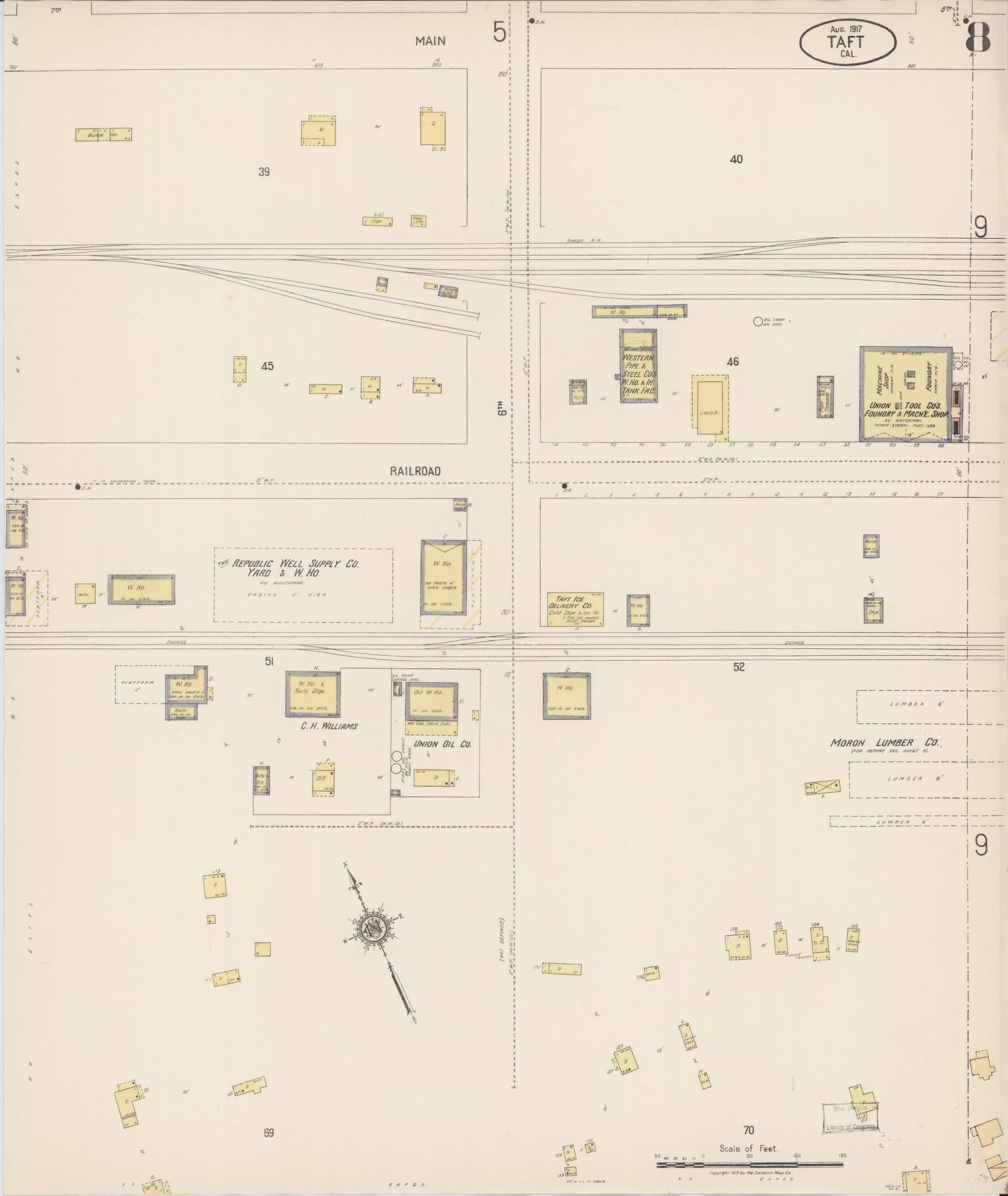 Sanborn Fire Insurance Map from Taft, Kern County, California (1917), Sheet #0008 - Complete Map Set gallery image, historic Sanborn map, vintage wall art, California California
