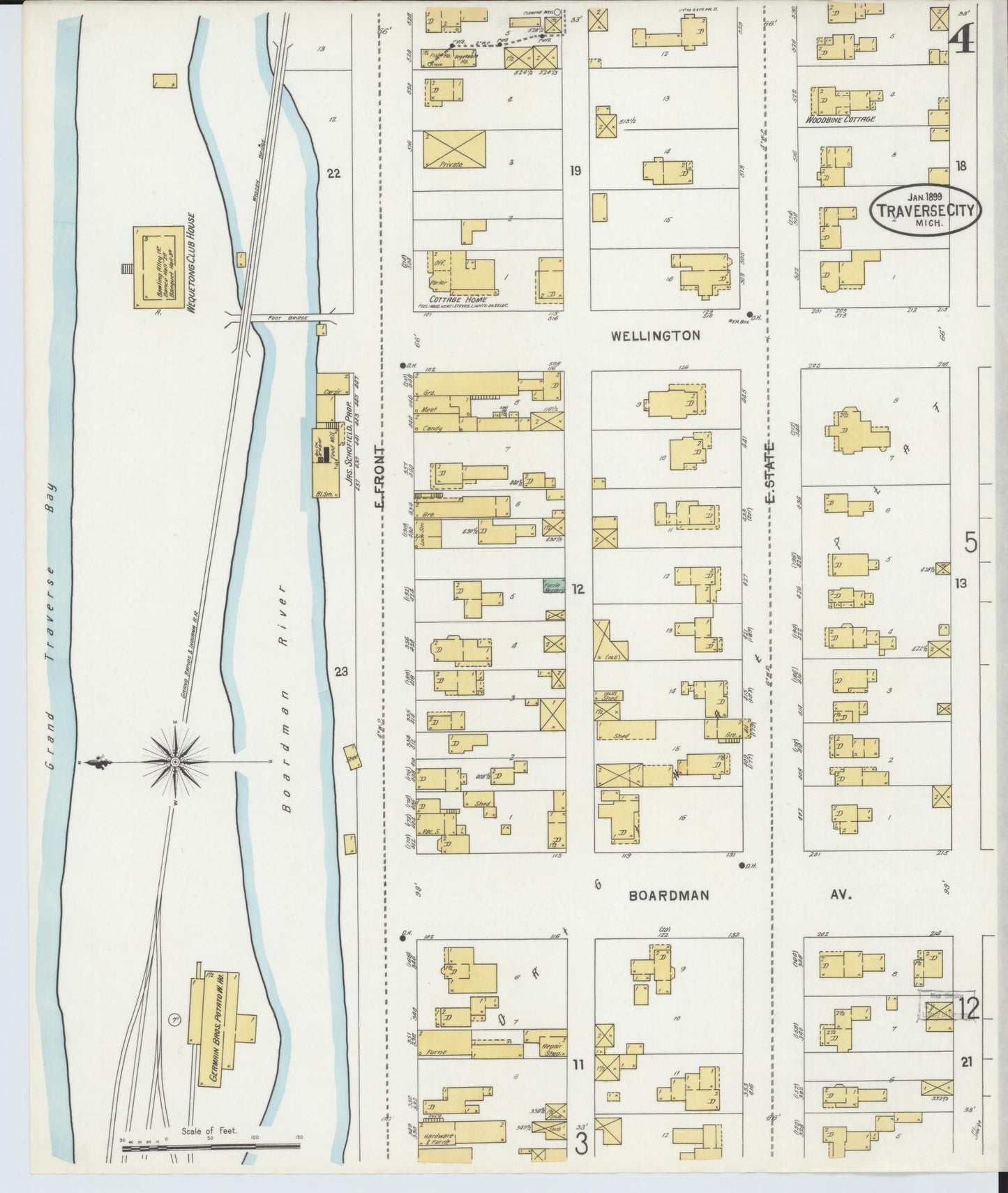 Sanborn Fire Insurance Map from Traverse City, Grand Traverse County, Michigan (1899), Sheet #0004 - Historic Sanborn Fire Insurance Map Print, vintage old map wall art, antique decor, genealogy gift, Michigan Michigan map