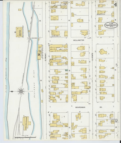 Sanborn Fire Insurance Map from Traverse City, Grand Traverse County, Michigan (1899), Sheet #0004 - Historic Sanborn Fire Insurance Map Print, vintage old map wall art, antique decor, genealogy gift, Michigan Michigan map