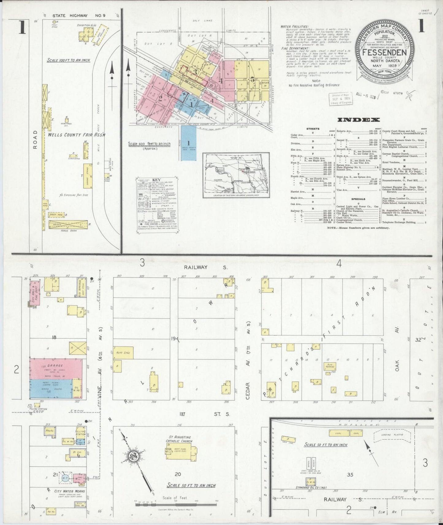 Sanborn Fire Insurance Map from Fessenden, Wells County, North Dakota (1929), Sheet #0001 - Historic Sanborn Fire Insurance Map Print, vintage old map wall art, antique decor, genealogy gift, North Dakota North Dakota map
