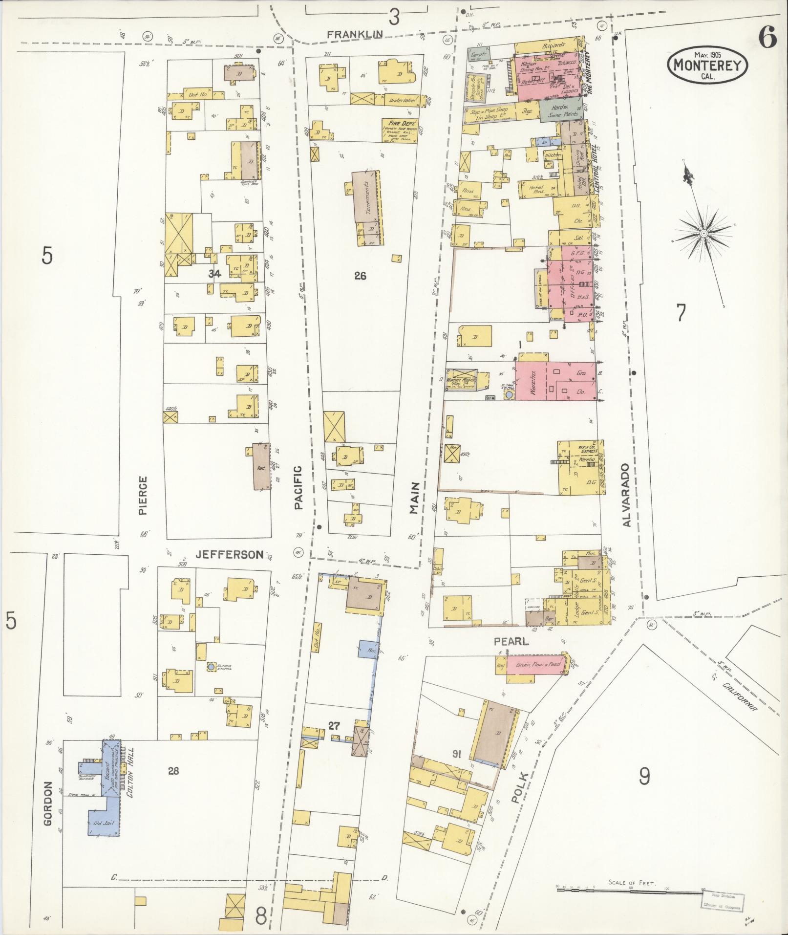 Sanborn Fire Insurance Map from Monterey, Monterey County, California (1905), Sheet #0006 - Historic Sanborn Fire Insurance Map Print, vintage old map wall art, antique decor, genealogy gift, California California map