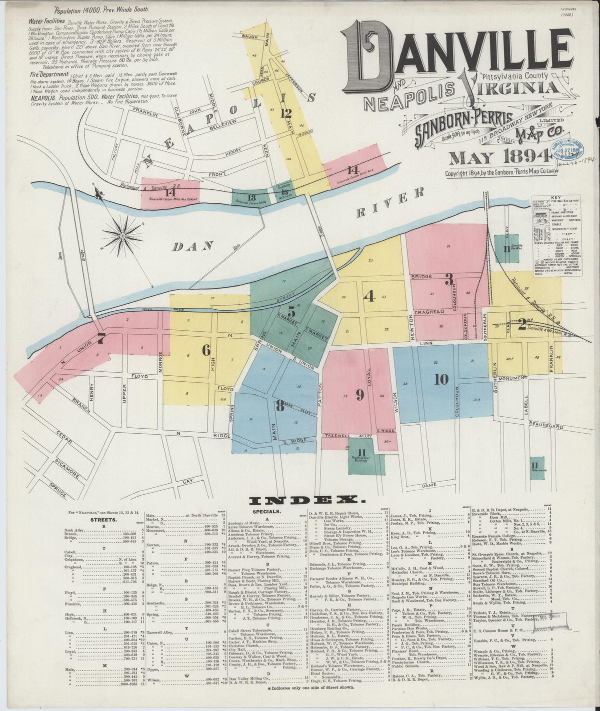 Sanborn Fire Insurance Map from Danville, Independent Cities, Virginia (1894), Sheet #0001 - Historic Sanborn Fire Insurance Map Print, vintage old map wall art, antique decor, genealogy gift, Virginia Virginia map