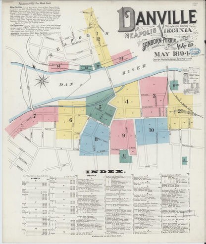 Sanborn Fire Insurance Map from Danville, Independent Cities, Virginia (1894), Sheet #0001 - Historic Sanborn Fire Insurance Map Print, vintage old map wall art, antique decor, genealogy gift, Virginia Virginia map