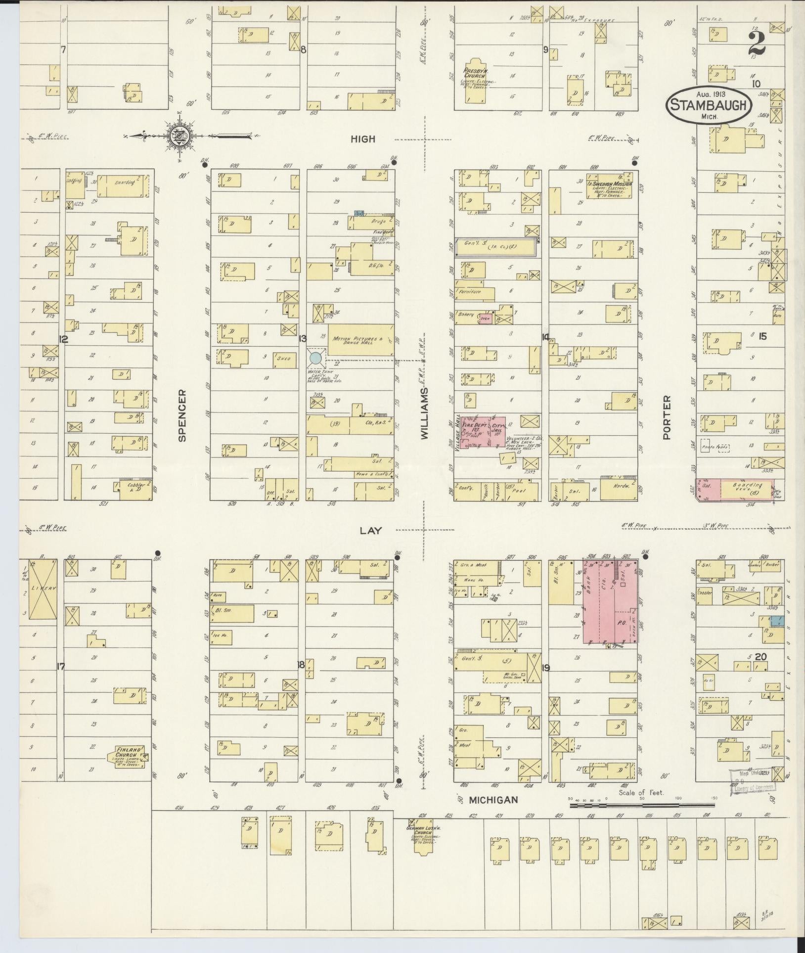 Sanborn Fire Insurance Map from Stambaugh, Iron County, Michigan (1913), Sheet #0002 - Historic Sanborn Fire Insurance Map Print, vintage old map wall art, antique decor, genealogy gift, Michigan Michigan map