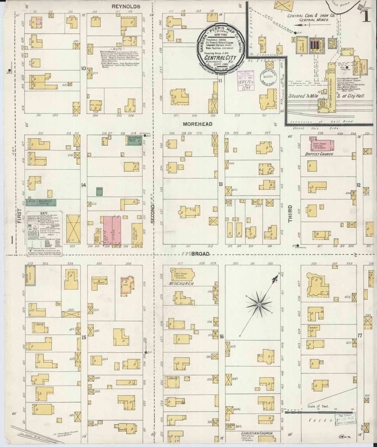 Sanborn Fire Insurance Map from Central City, Mublenberg County, Kentucky (1901), Sheet #0001 - Complete Map Set gallery image, historic Sanborn map, vintage wall art, Kentucky Kentucky