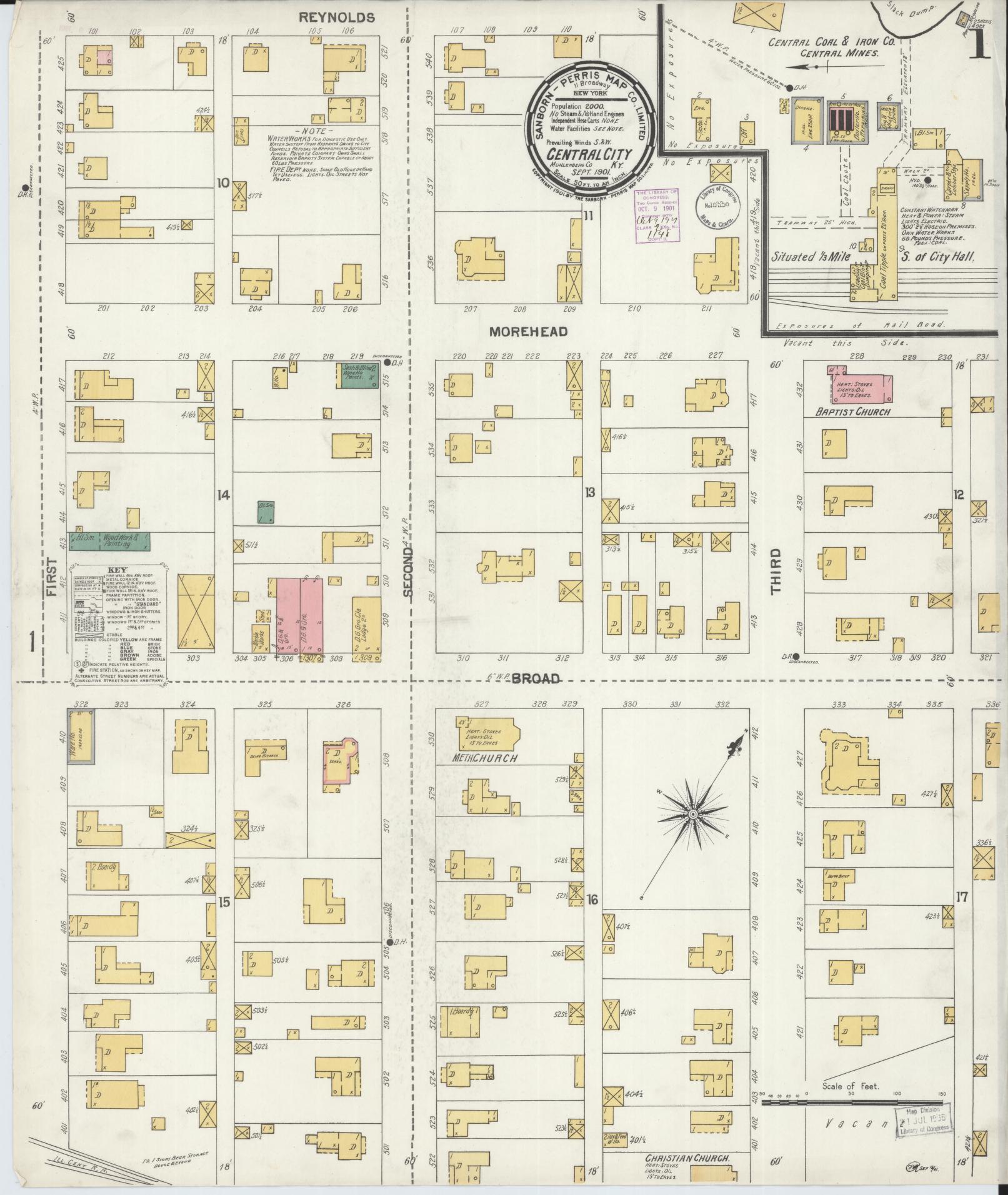Sanborn Fire Insurance Map from Central City, Mublenberg County, Kentucky (1901), Sheet #0001 - Complete Map Set gallery image, historic Sanborn map, vintage wall art, Kentucky Kentucky