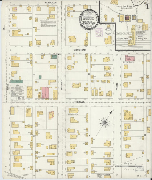 Sanborn Fire Insurance Map from Central City, Mublenberg County, Kentucky (1901), Sheet #0001 - Complete Map Set gallery image, historic Sanborn map, vintage wall art, Kentucky Kentucky