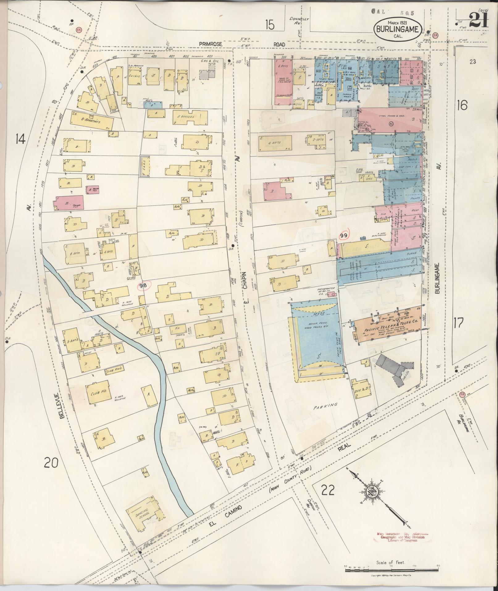 Sanborn Fire Insurance Map from Burlingame, San Mateo County, California (1949), Sheet #0021 - Historic Sanborn Fire Insurance Map Print, vintage old map wall art, antique decor, genealogy gift, California California map