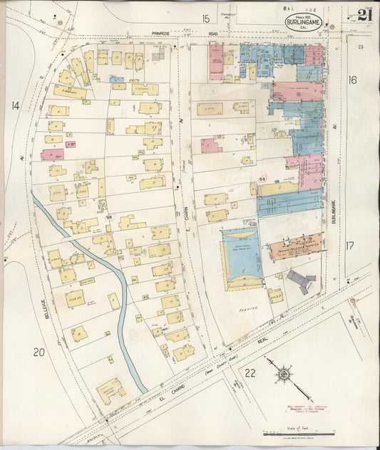 Sanborn Fire Insurance Map from Burlingame, San Mateo County, California (1949), Sheet #0021 - Historic Sanborn Fire Insurance Map Print, vintage old map wall art, antique decor, genealogy gift, California California map