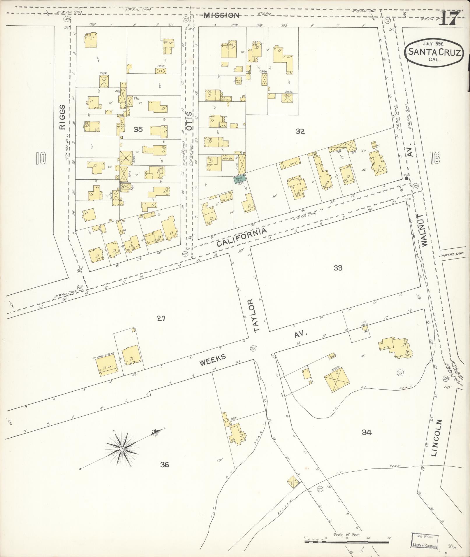 Sanborn Fire Insurance Map from Santa Cruz, Santa Cruz County, California (1892), Sheet #0017 - Complete Map Set gallery image, historic Sanborn map, vintage wall art, California California